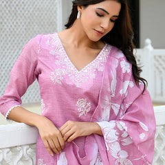 Women kota doria embroidered solid kurta set with solid pants & printed dupatta (Set of 5 Pc)