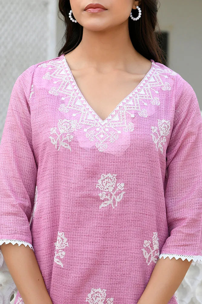 Women kota doria embroidered solid kurta set with solid pants & printed dupatta (Set of 5 Pc)