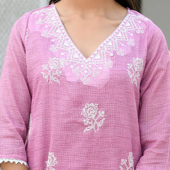 Women kota doria embroidered solid kurta set with solid pants & printed dupatta (Set of 5 Pc)