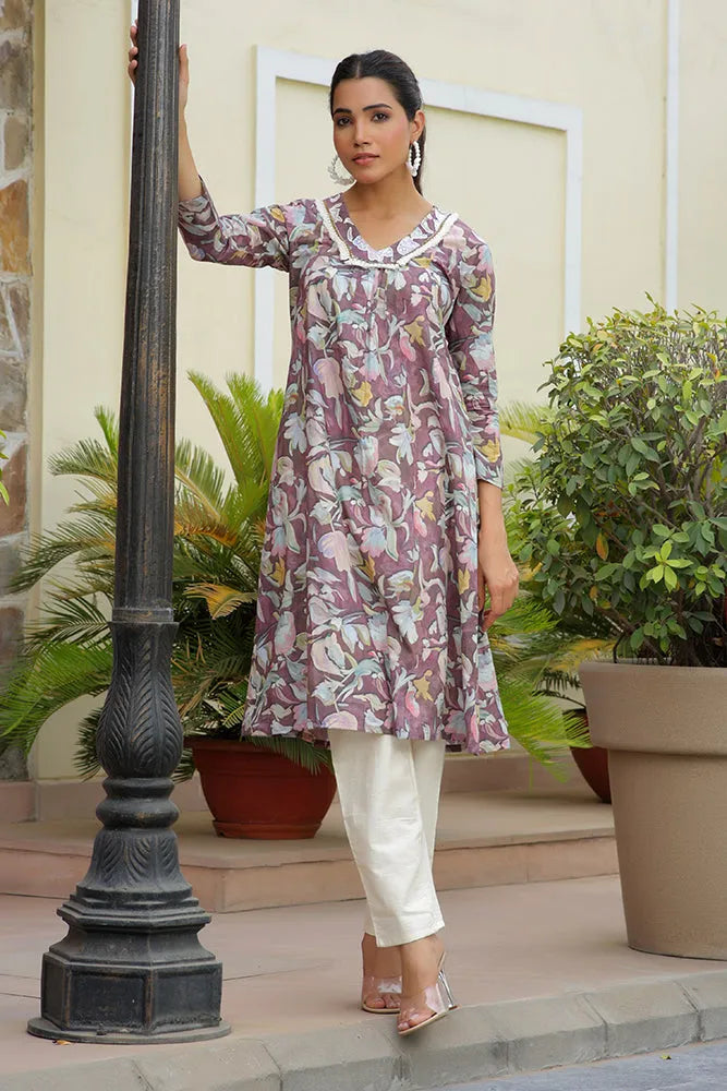 Women Printed Kurta Set With Solid Pants (Set of 5 Pc)