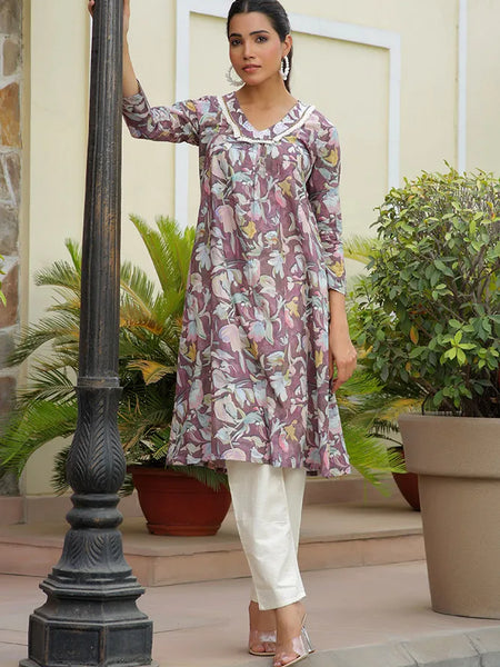 Women Printed Kurta Set With Solid Pants (Set of 5 Pc)