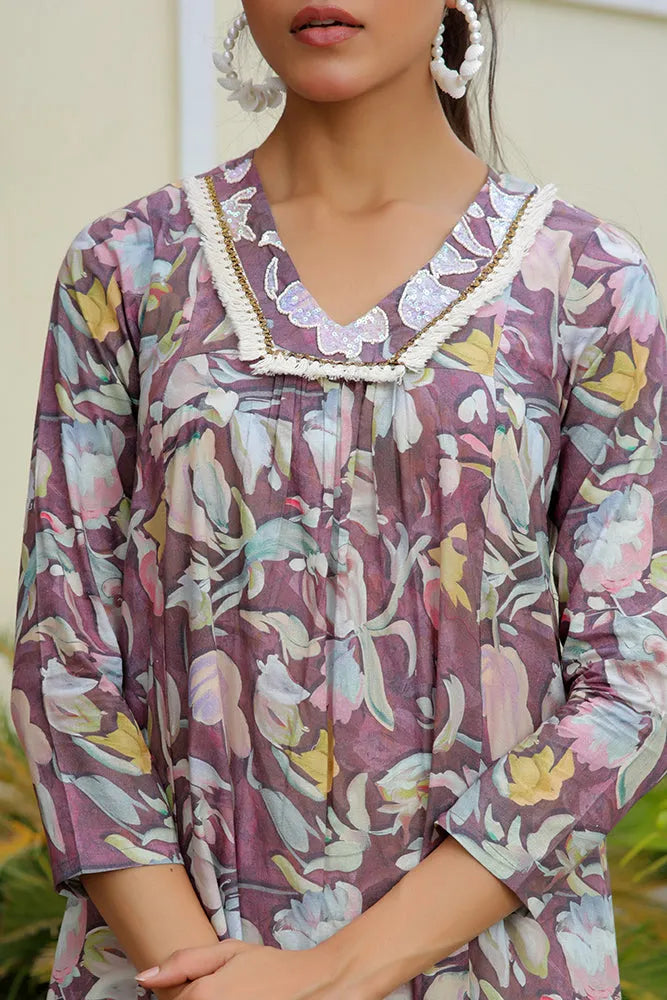 Women Printed Kurta Set With Solid Pants (Set of 5 Pc)