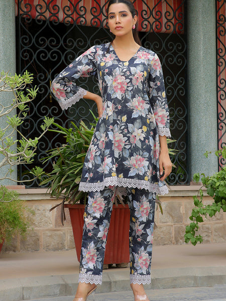 Women black printed CORD set with PRINTED pants (Set of 5 Pc)