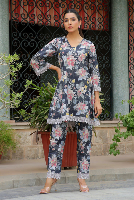 Women black printed CORD set with PRINTED pants (Set of 5 Pc)