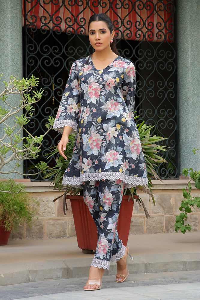 Women black printed CORD set with PRINTED pants (Set of 5 Pc)
