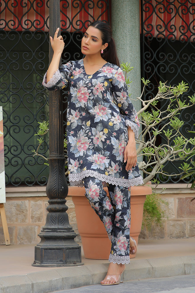 Women black printed CORD set with PRINTED pants (Set of 5 Pc)