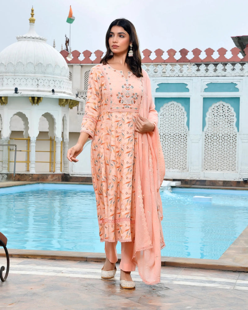 Women Cotton Anarkali Set with Solid Pant and Embroidered Dupatta (Set of 5 Pc)