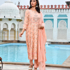Women Cotton Anarkali Set with Solid Pant and Embroidered Dupatta (Set of 5 Pc)