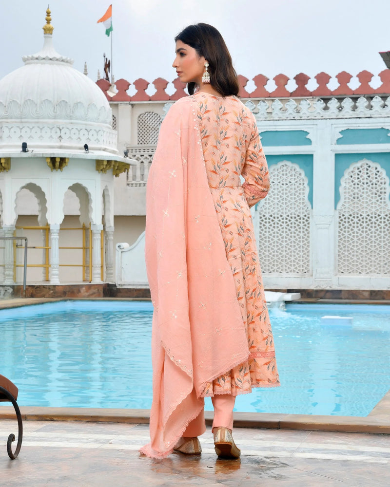 Women Cotton Anarkali Set with Solid Pant and Embroidered Dupatta (Set of 5 Pc)