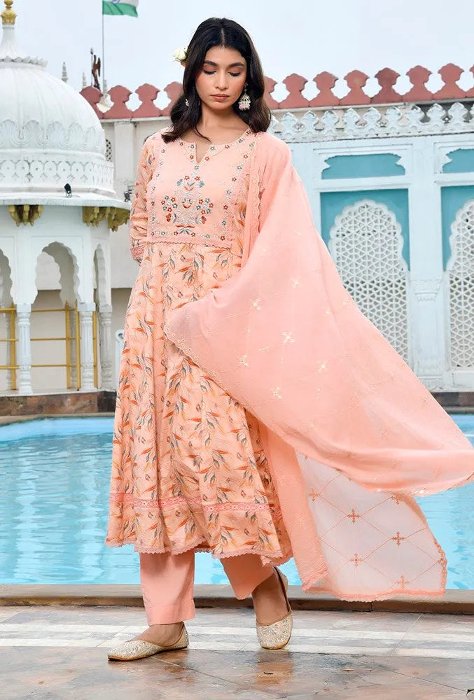 Women Cotton Anarkali Set with Solid Pant and Embroidered Dupatta (Set of 5 Pc)