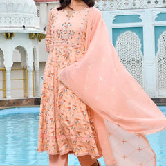 Women Cotton Anarkali Set with Solid Pant and Embroidered Dupatta (Set of 5 Pc)