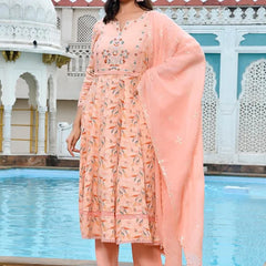 Women Cotton Anarkali Set with Solid Pant and Embroidered Dupatta (Set of 5 Pc)