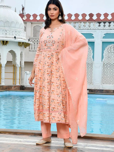 Women Cotton Anarkali Set with Solid Pant and Embroidered Dupatta (Set of 5 Pc)