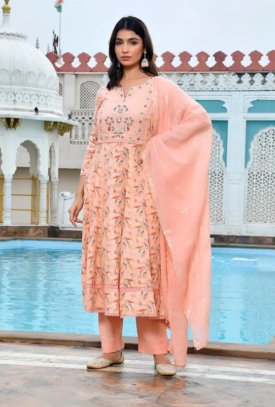 Women Cotton Anarkali Set with Solid Pant and Embroidered Dupatta (Set of 5 Pc)