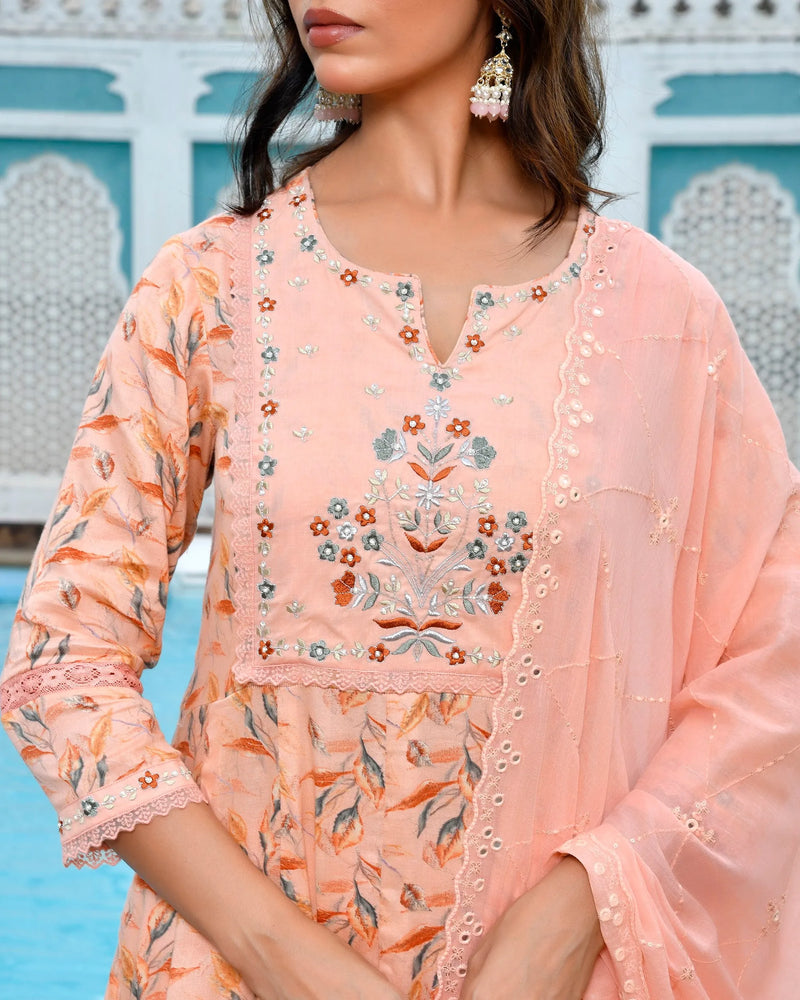 Women Cotton Anarkali Set with Solid Pant and Embroidered Dupatta (Set of 5 Pc)
