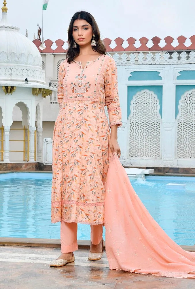 Women Cotton Anarkali Set with Solid Pant and Embroidered Dupatta (Set of 5 Pc)
