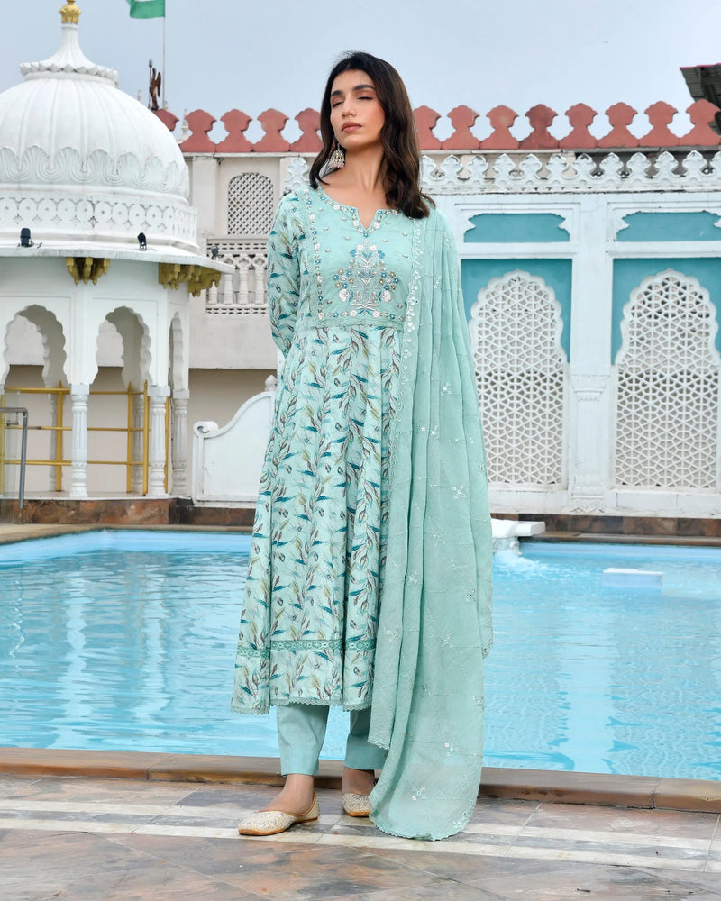 Women Cotton Anarkali Set with Solid Pant and Embroidered Dupatta (Set of 5 Pc)