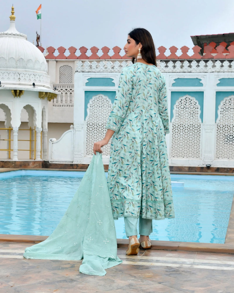 Women Cotton Anarkali Set with Solid Pant and Embroidered Dupatta (Set of 5 Pc)
