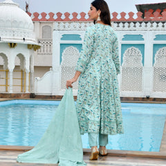 Women Cotton Anarkali Set with Solid Pant and Embroidered Dupatta (Set of 5 Pc)