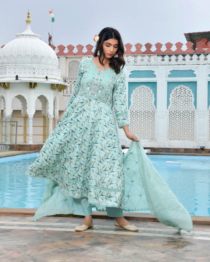Women Cotton Anarkali Set with Solid Pant and Embroidered Dupatta (Set of 5 Pc)