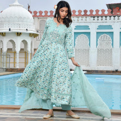Women Cotton Anarkali Set with Solid Pant and Embroidered Dupatta (Set of 5 Pc)