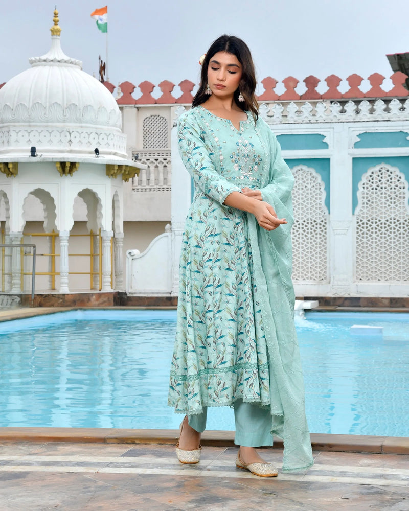 Women Cotton Anarkali Set with Solid Pant and Embroidered Dupatta (Set of 5 Pc)