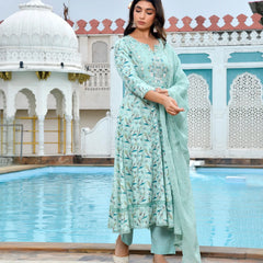 Women Cotton Anarkali Set with Solid Pant and Embroidered Dupatta (Set of 5 Pc)