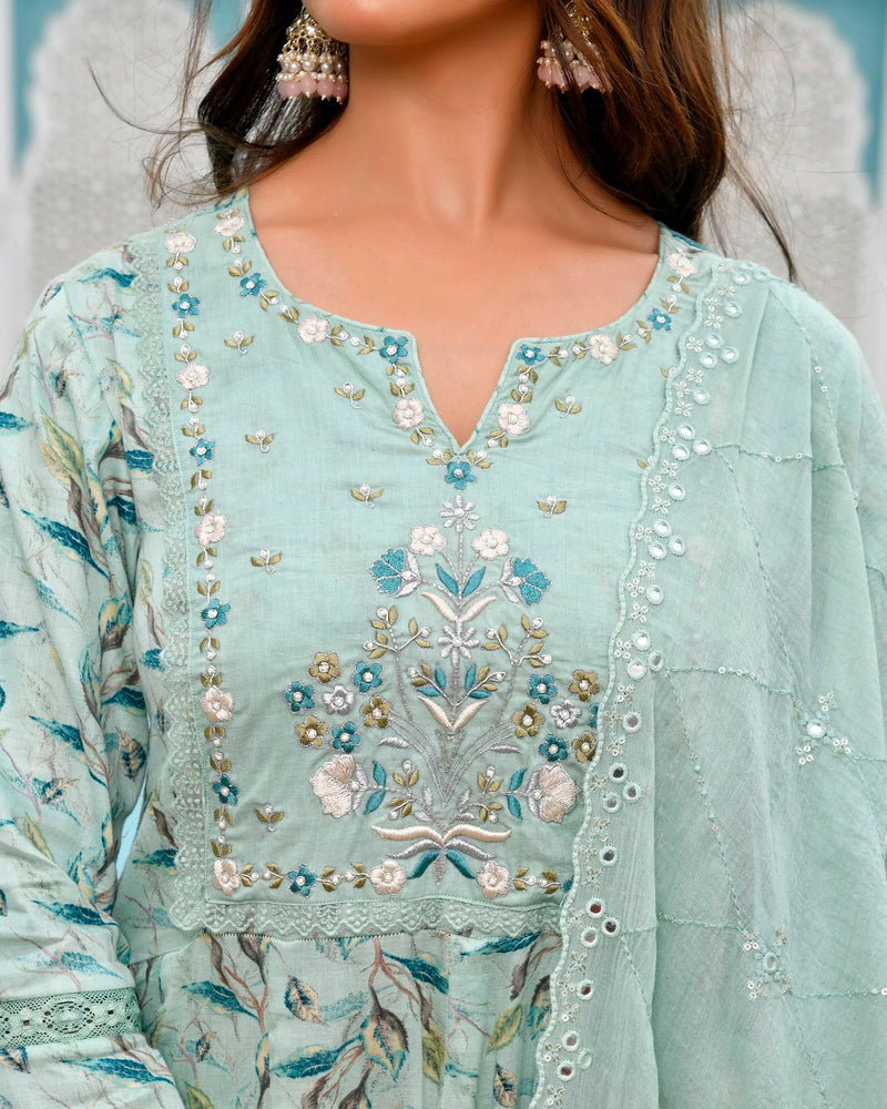 Women Cotton Anarkali Set with Solid Pant and Embroidered Dupatta (Set of 5 Pc)