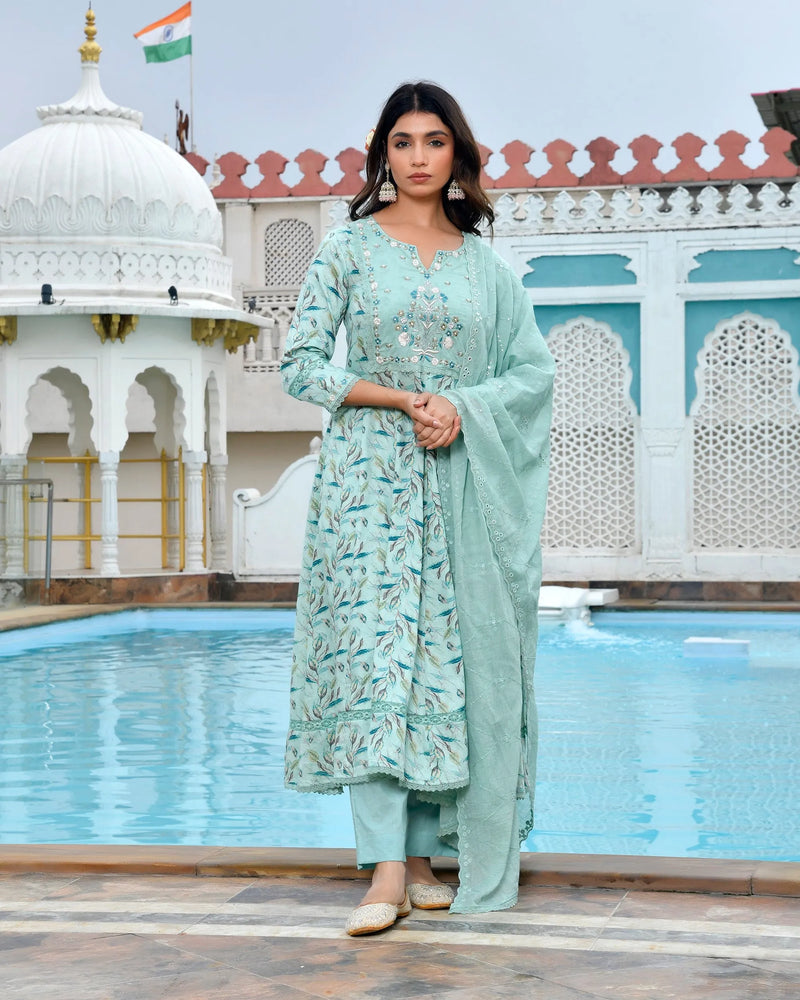 Women Cotton Anarkali Set with Solid Pant and Embroidered Dupatta (Set of 5 Pc)