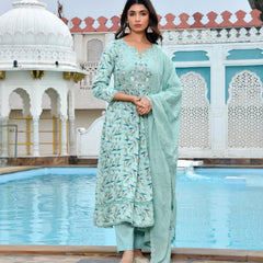 Women Cotton Anarkali Set with Solid Pant and Embroidered Dupatta (Set of 5 Pc)