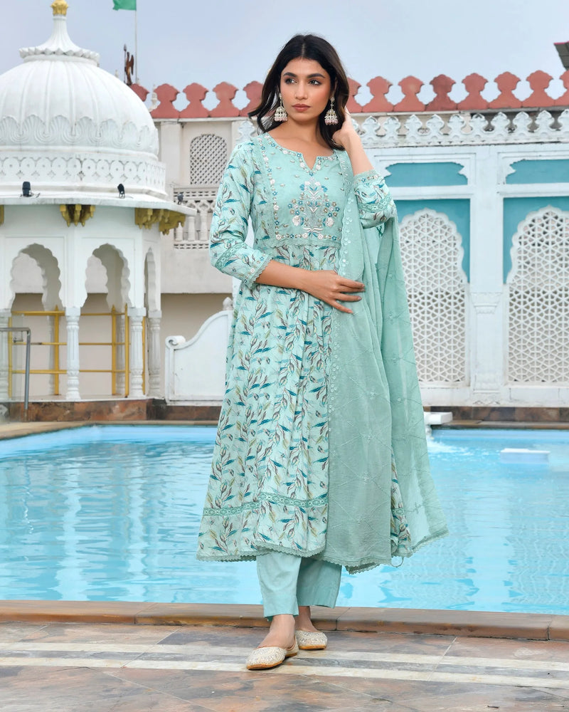 Women Cotton Anarkali Set with Solid Pant and Embroidered Dupatta (Set of 5 Pc)