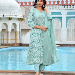 Women Cotton Anarkali Set with Solid Pant and Embroidered Dupatta (Set of 5 Pc)