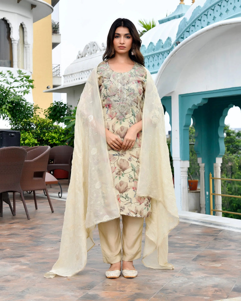 Women Tissue Embroidered Suit Set with Solid Pant and Embroidered Dupatta (Set of 5 Pc)