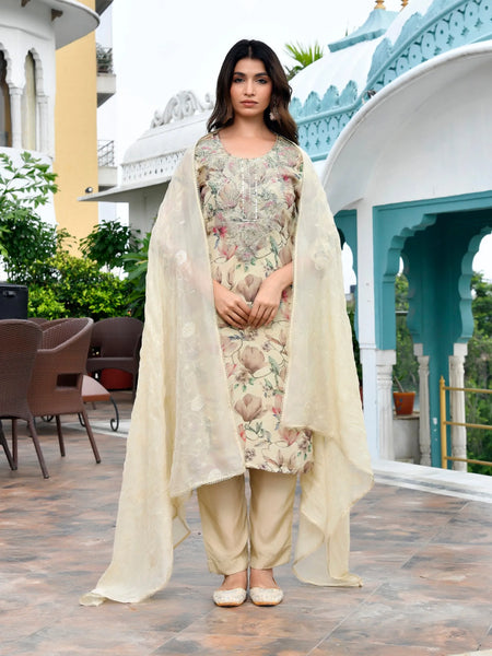 Women Tissue Embroidered Suit Set with Solid Pant and Embroidered Dupatta (Set of 5 Pc)