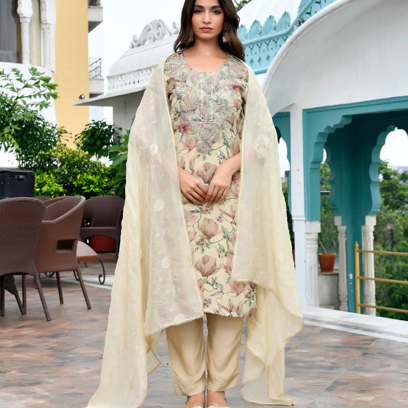 Women Tissue Embroidered Suit Set with Solid Pant and Embroidered Dupatta (Set of 5 Pc)