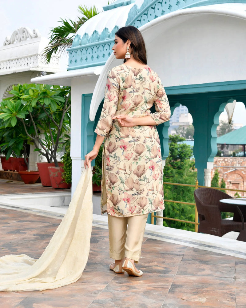 Women Tissue Embroidered Suit Set with Solid Pant and Embroidered Dupatta (Set of 5 Pc)