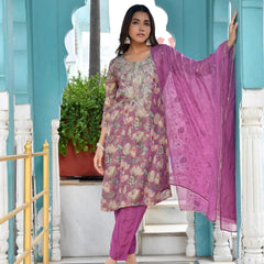 Women Tissue Embroidered Suit Set with Solid Pant and Embroidered Dupatta (Set of 5 Pc)