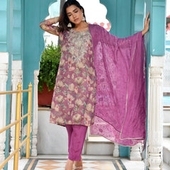 Women Tissue Embroidered Suit Set with Solid Pant and Embroidered Dupatta (Set of 5 Pc)