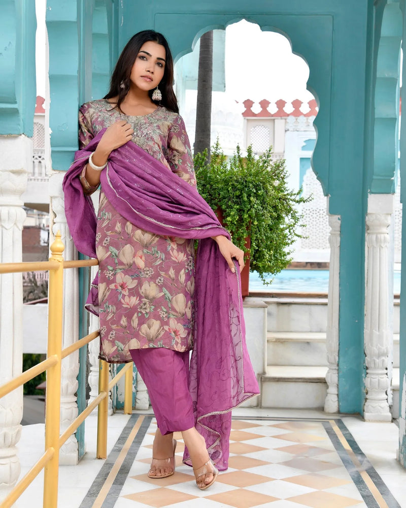 Women Tissue Embroidered Suit Set with Solid Pant and Embroidered Dupatta (Set of 5 Pc)