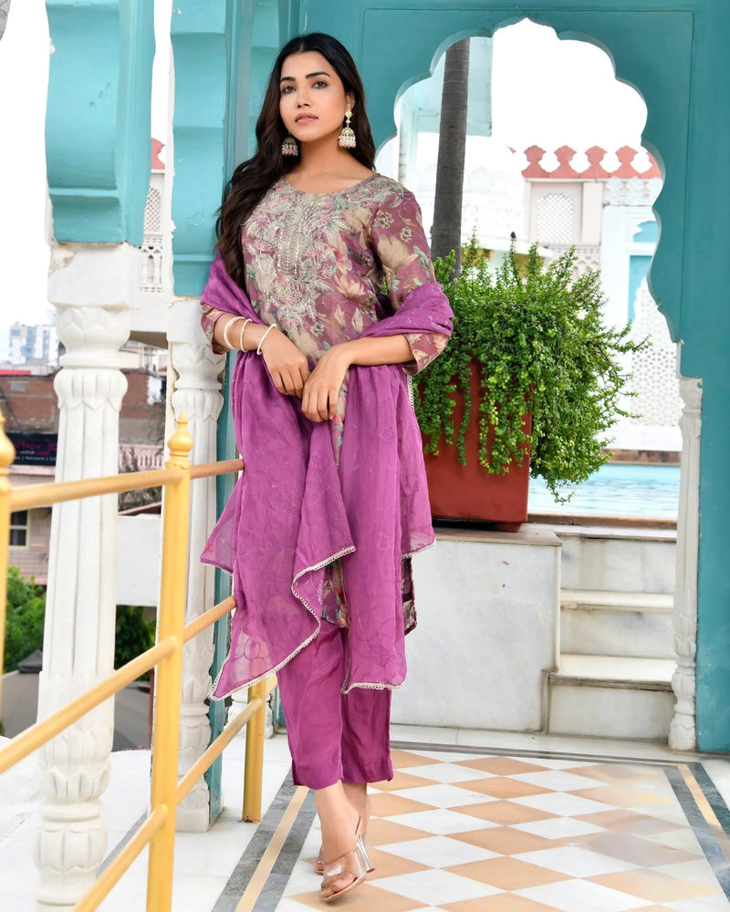 Women Tissue Embroidered Suit Set with Solid Pant and Embroidered Dupatta (Set of 5 Pc)