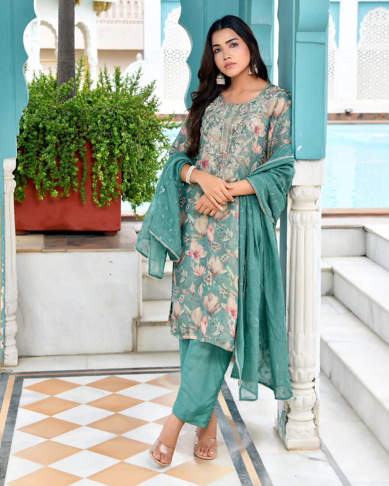 Women Tissue Embroidered Suit Set with Solid Pant and Embroidered Dupatta (Set of 5 Pc)