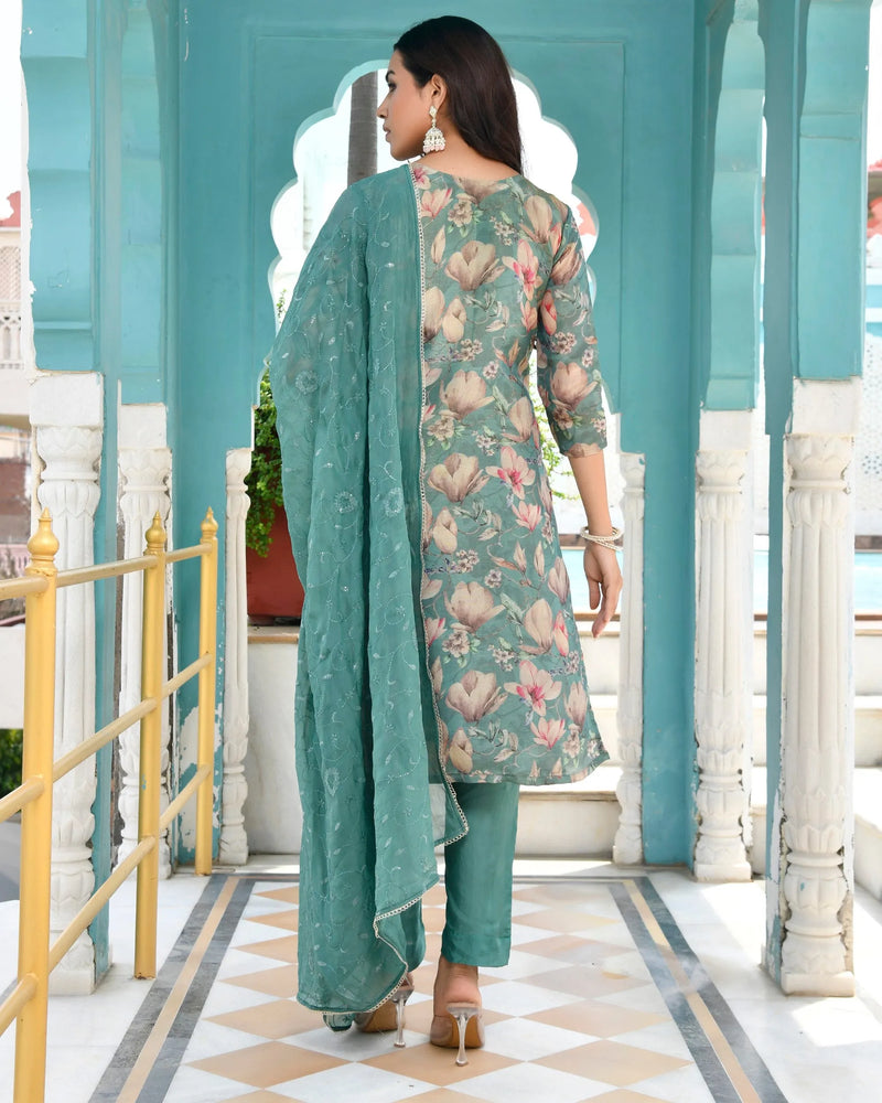 Women Tissue Embroidered Suit Set with Solid Pant and Embroidered Dupatta (Set of 5 Pc)