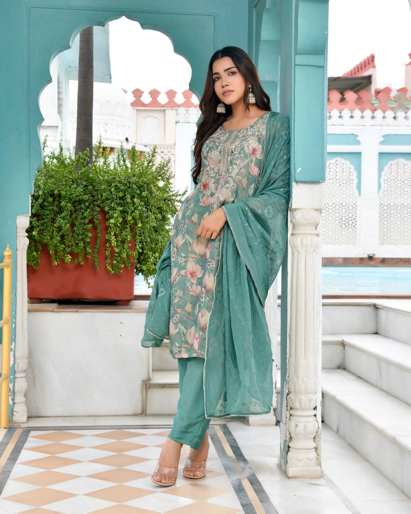 Women Tissue Embroidered Suit Set with Solid Pant and Embroidered Dupatta (Set of 5 Pc)