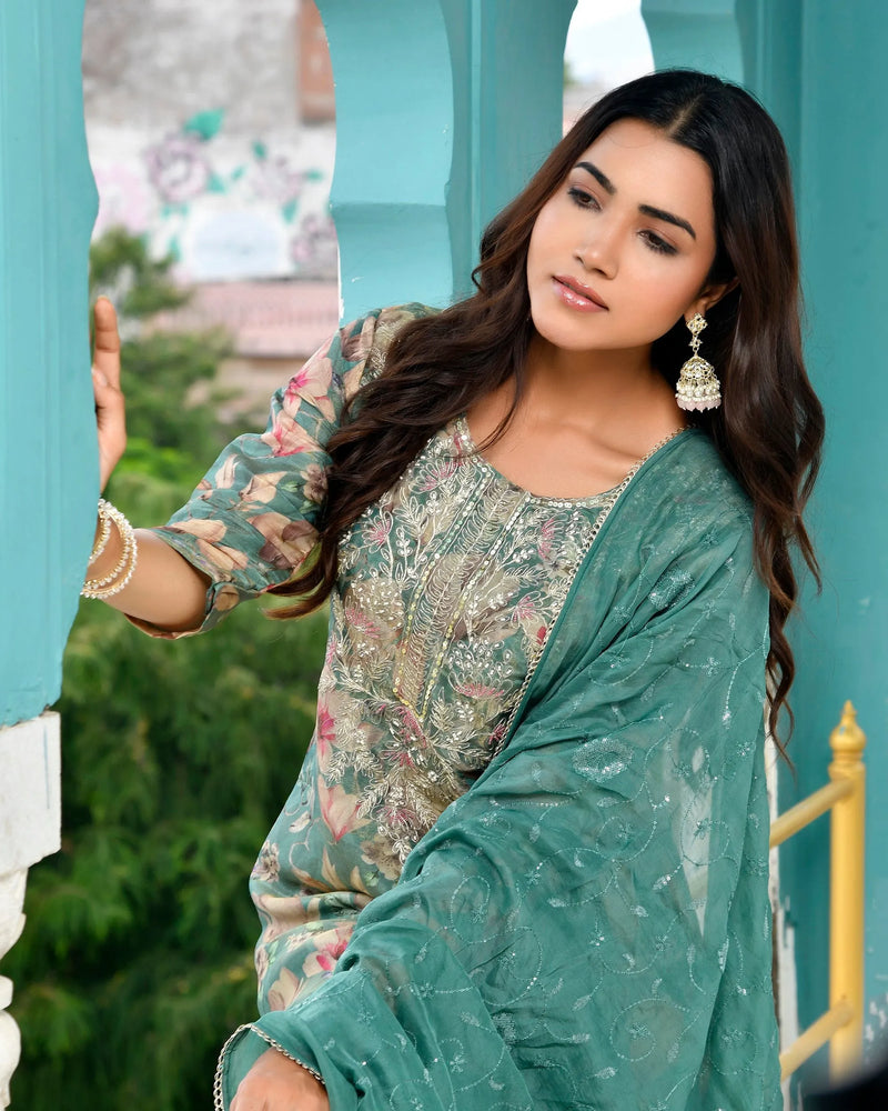 Women Tissue Embroidered Suit Set with Solid Pant and Embroidered Dupatta (Set of 5 Pc)