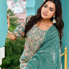 Women Tissue Embroidered Suit Set with Solid Pant and Embroidered Dupatta (Set of 5 Pc)
