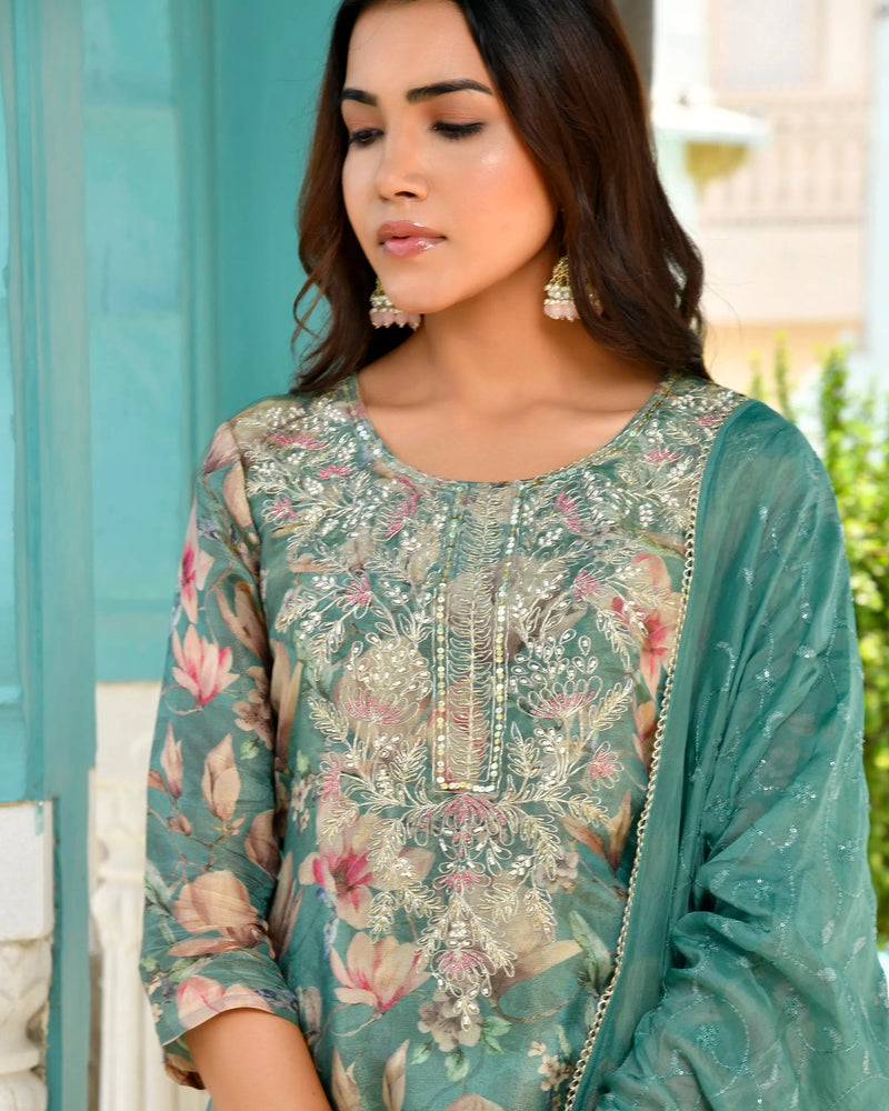 Women Tissue Embroidered Suit Set with Solid Pant and Embroidered Dupatta (Set of 5 Pc)