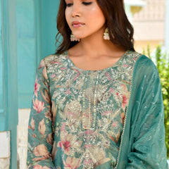 Women Tissue Embroidered Suit Set with Solid Pant and Embroidered Dupatta (Set of 5 Pc)