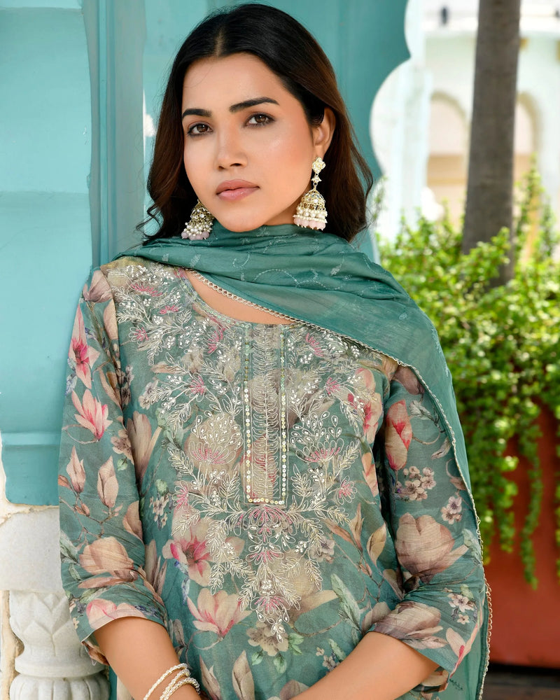 Women Tissue Embroidered Suit Set with Solid Pant and Embroidered Dupatta (Set of 5 Pc)