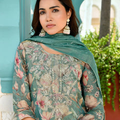 Women Tissue Embroidered Suit Set with Solid Pant and Embroidered Dupatta (Set of 5 Pc)