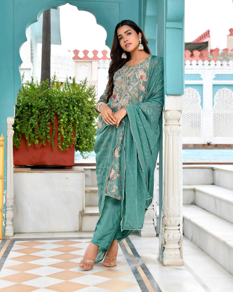 Women Tissue Embroidered Suit Set with Solid Pant and Embroidered Dupatta (Set of 5 Pc)